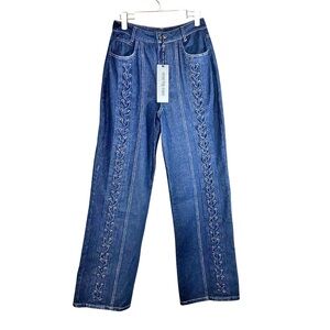New WHITE FOX Lace Up Wide Leg Jeans Dark Wash Mid Rise Denim Women’s XS Y2K